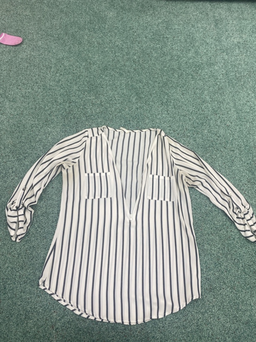 Striped V-Neck Roll-Sleeve Women's Top - White & Navy